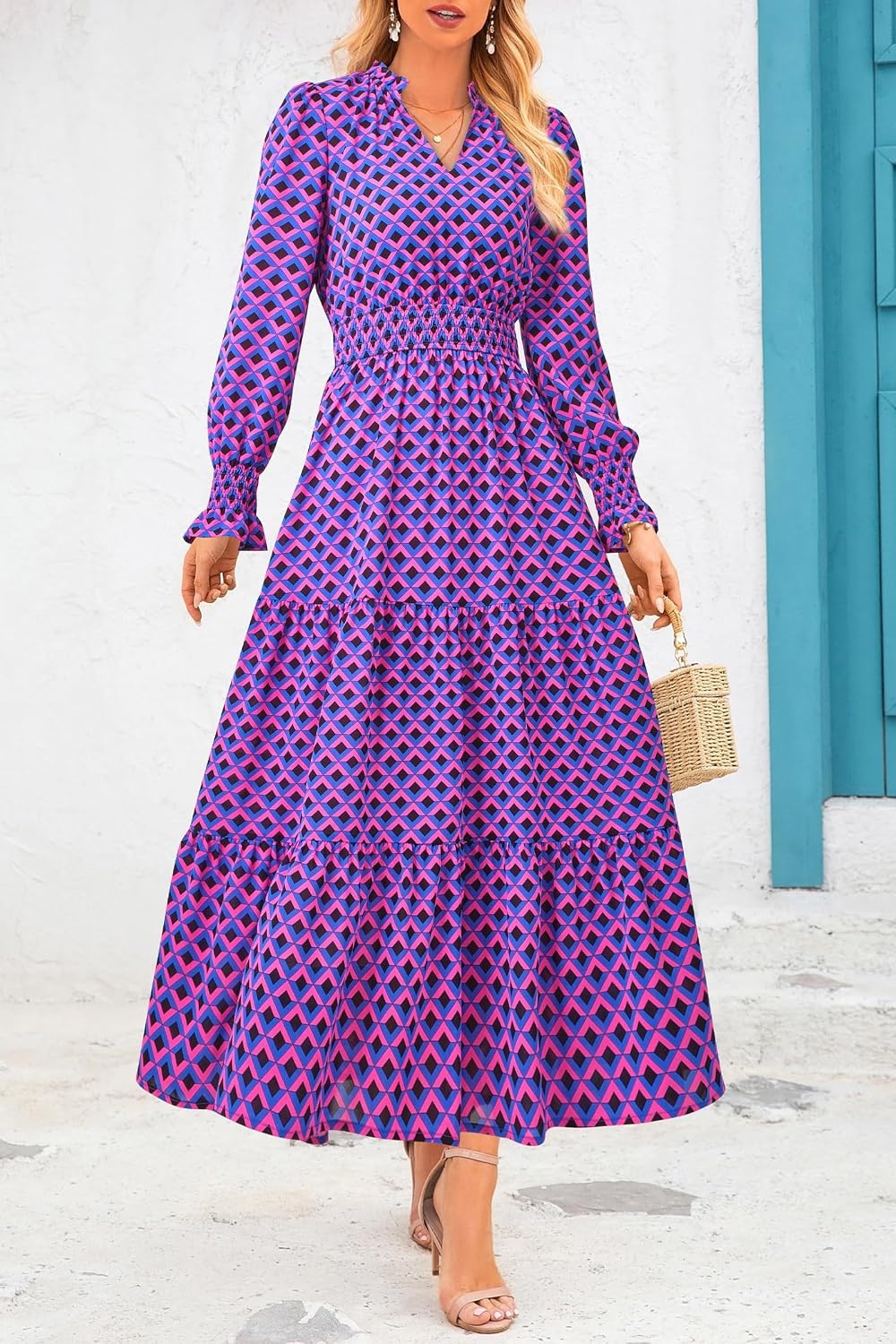 image:imagePRETTYGARDEN Womens Floral Maxi Dress Fall A Line Wedding Guest DressesPlaid Blue Pink