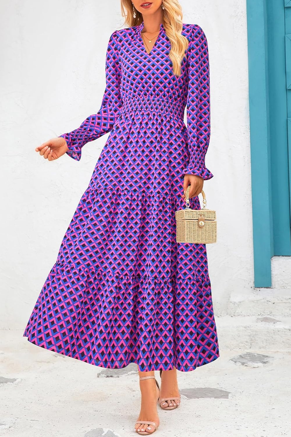 image:imagePRETTYGARDEN Womens Floral Maxi Dress Fall A Line Wedding Guest DressesPlaid Blue Pink