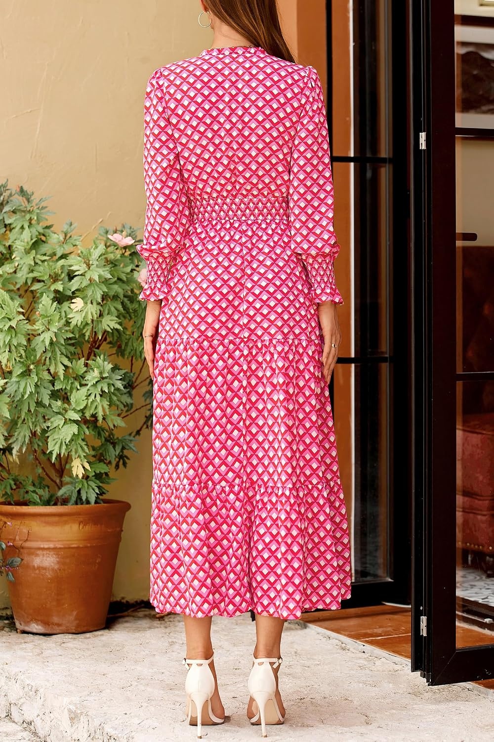 image:imagePRETTYGARDEN Womens Floral Maxi Dress Fall A Line Wedding Guest DressesPlaid Pink