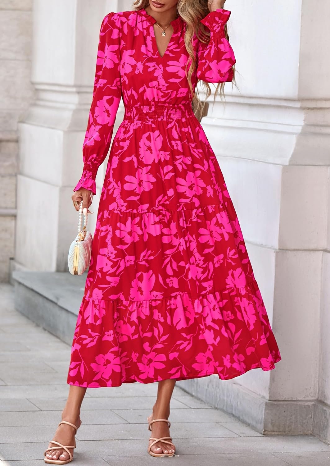 image:imagePRETTYGARDEN Womens Floral Maxi Dress Fall A Line Wedding Guest DressesRed Big Floral