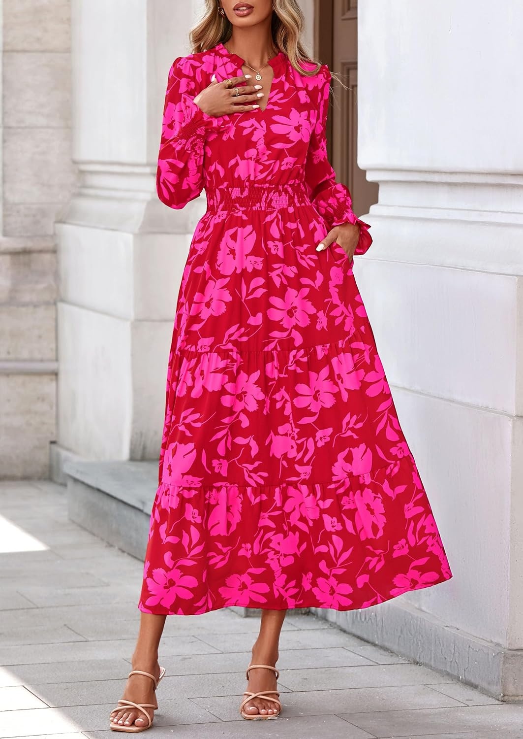 image:imagePRETTYGARDEN Womens Floral Maxi Dress Fall A Line Wedding Guest DressesRed Big Floral