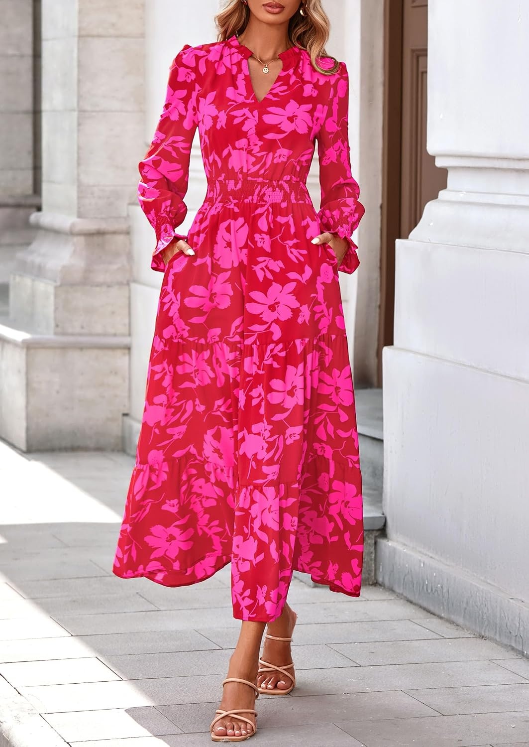 image:imagePRETTYGARDEN Womens Floral Maxi Dress Fall A Line Wedding Guest DressesRed Big Floral