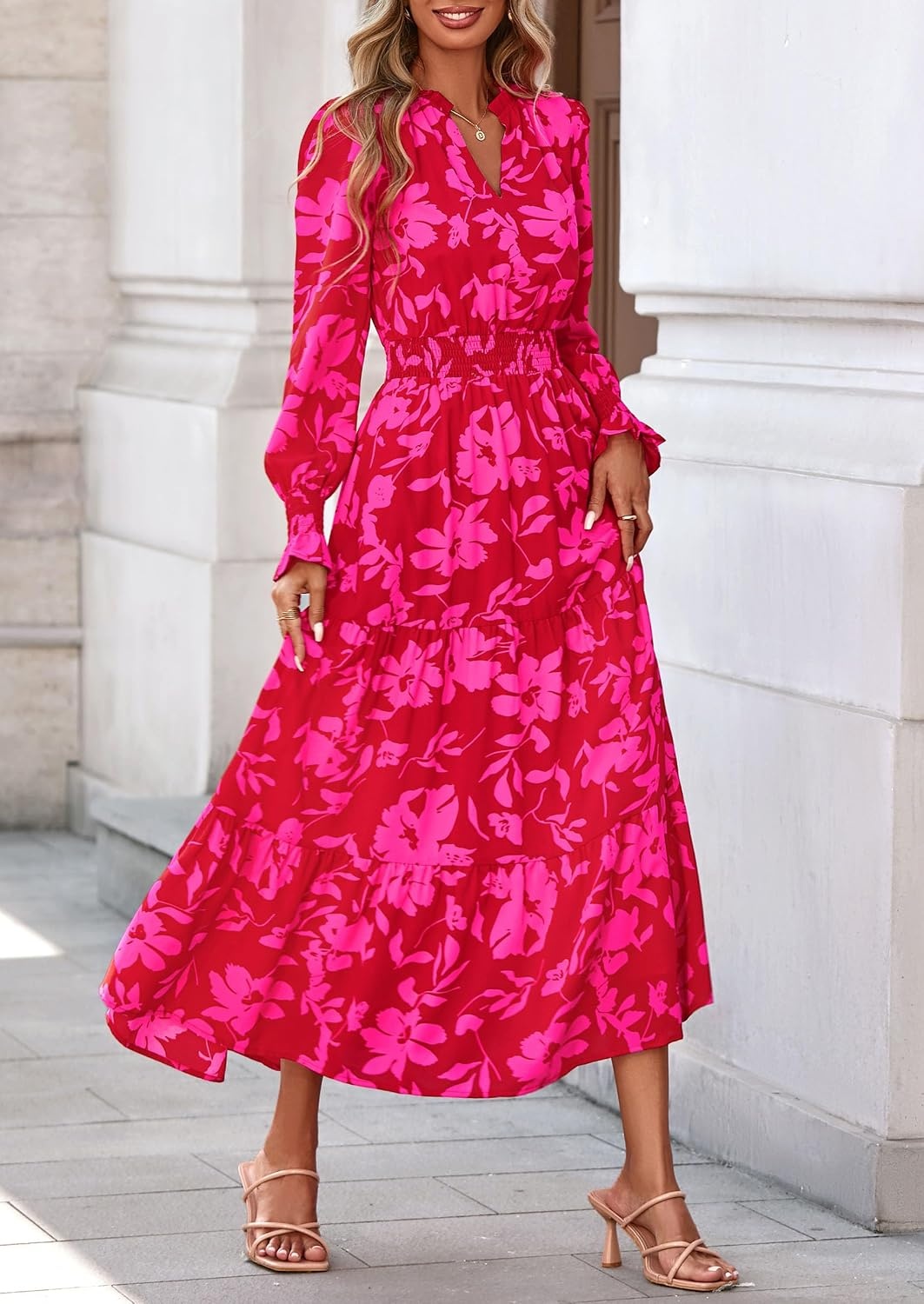 image:imagePRETTYGARDEN Womens Floral Maxi Dress Fall A Line Wedding Guest DressesRed Big Floral