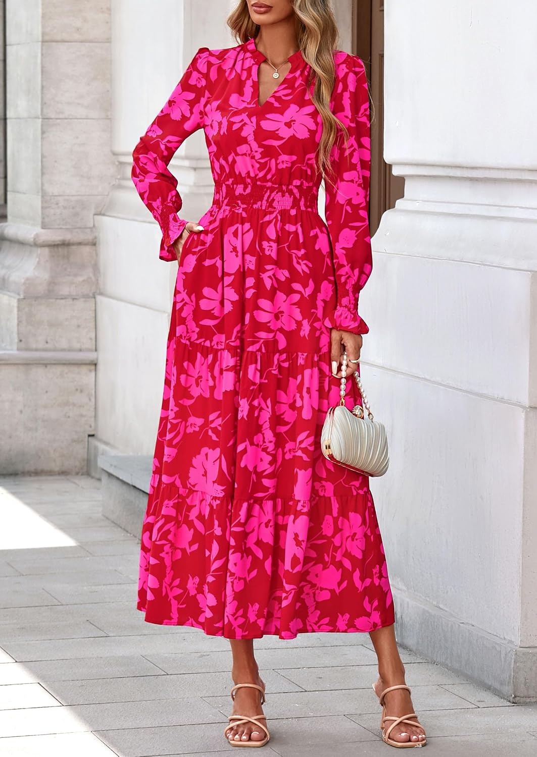 image:imagePRETTYGARDEN Womens Floral Maxi Dress Fall A Line Wedding Guest DressesRed Big Floral