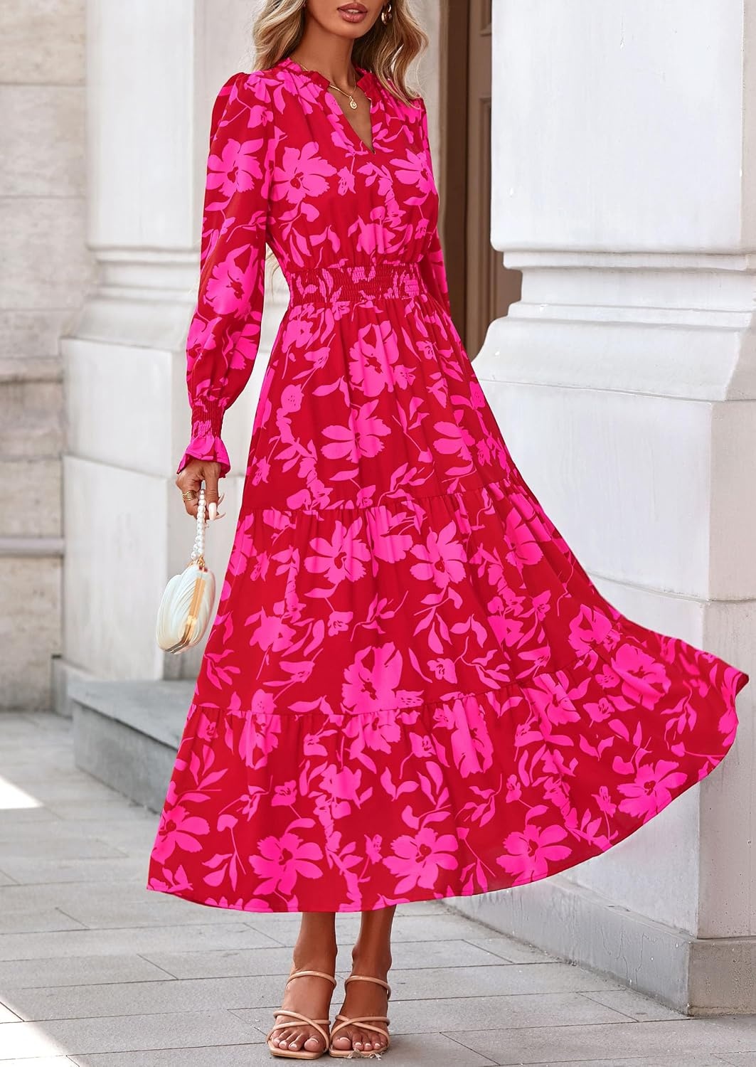 image:imagePRETTYGARDEN Womens Floral Maxi Dress Fall A Line Wedding Guest DressesRed Big Floral