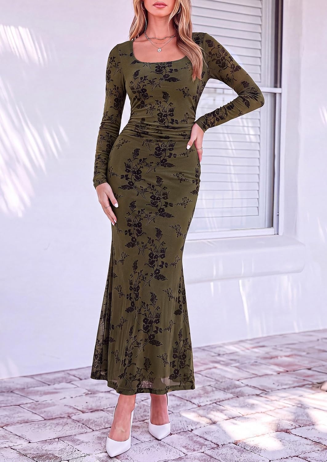 image:imagePRETTYGARDEN Womens Formal Floral Maxi Dress Fall Wedding Guest DressesArmy Green