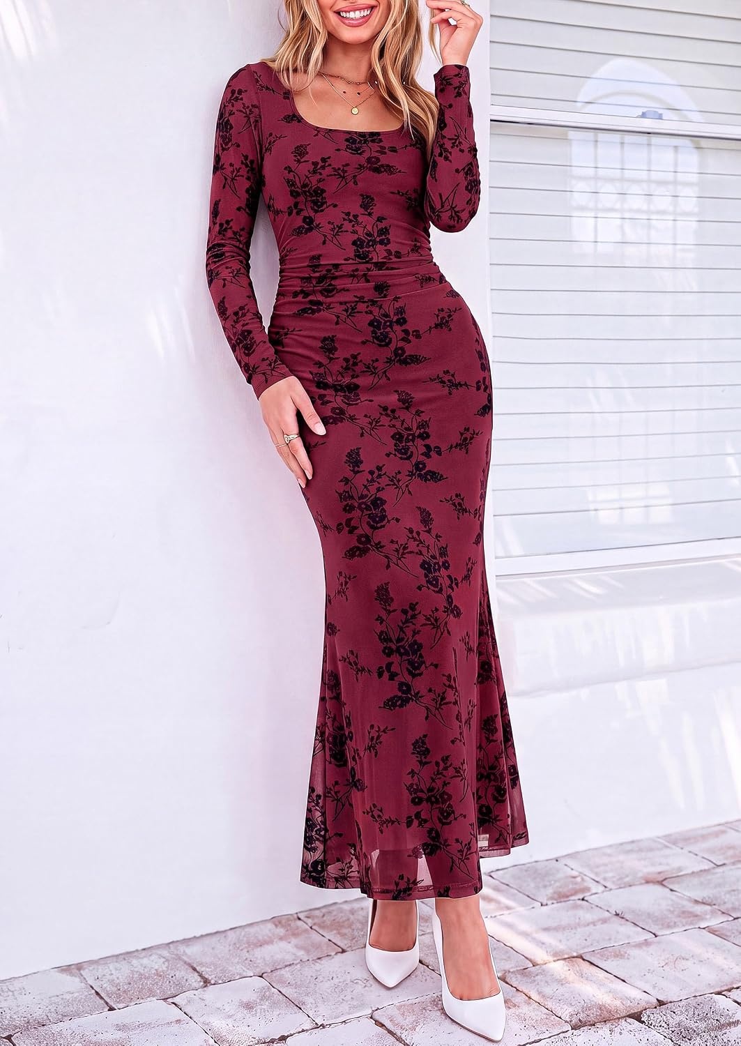 image:imagePRETTYGARDEN Womens Formal Floral Maxi Dress Fall Wedding Guest DressesBurgundy