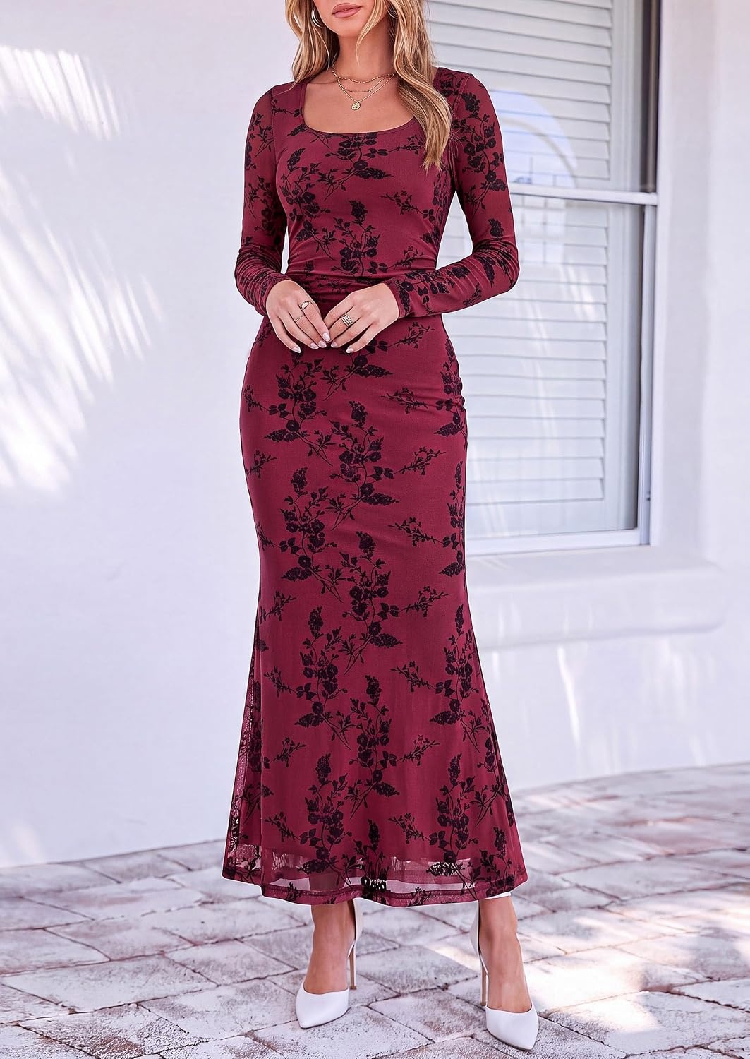 image:imagePRETTYGARDEN Womens Formal Floral Maxi Dress Fall Wedding Guest DressesBurgundy