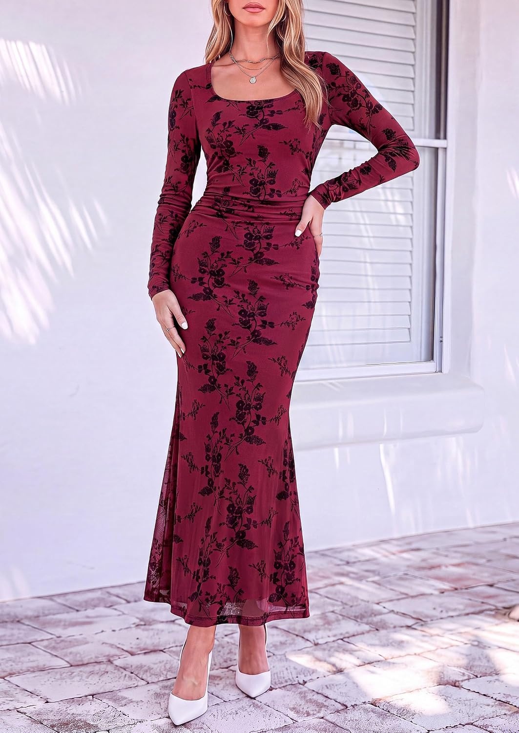 image:imagePRETTYGARDEN Womens Formal Floral Maxi Dress Fall Wedding Guest DressesBurgundy