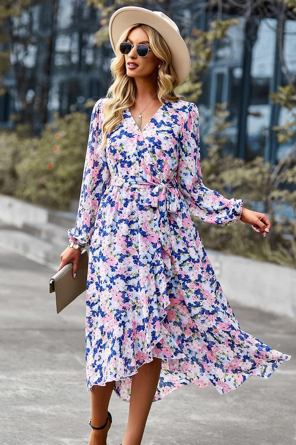 image:imagePRETTYGARDEN Womens Long Sleeve Boho Maxi Fall Floral Wedding Guest DressesFloral Apricot