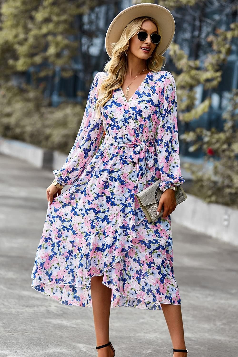 image:imagePRETTYGARDEN Womens Long Sleeve Boho Maxi Fall Floral Wedding Guest DressesFloral Apricot
