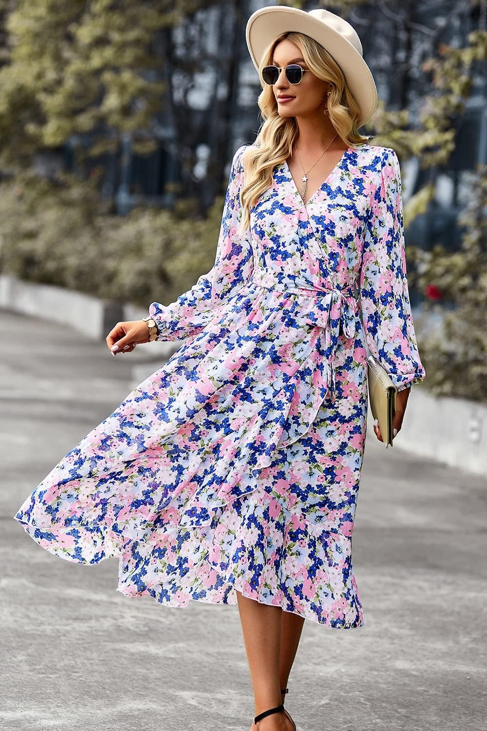 image:imagePRETTYGARDEN Womens Long Sleeve Boho Maxi Fall Floral Wedding Guest DressesFloral Apricot