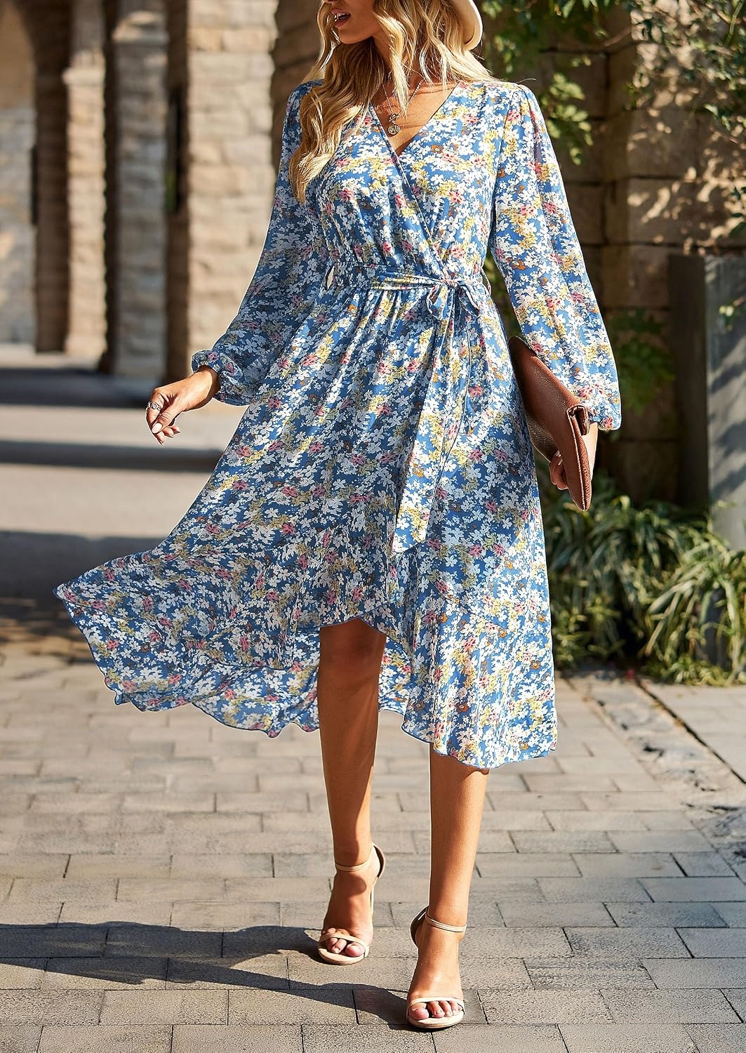 image:imagePRETTYGARDEN Womens Long Sleeve Boho Maxi Fall Floral Wedding Guest DressesFloral Blue