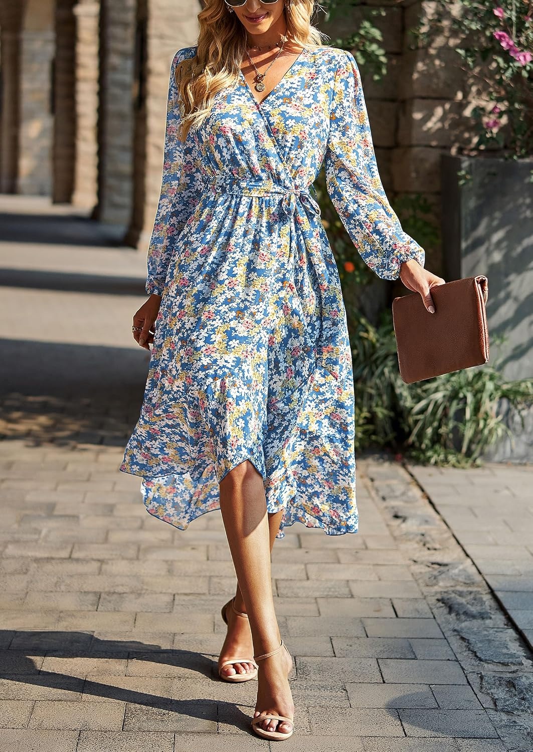 image:imagePRETTYGARDEN Womens Long Sleeve Boho Maxi Fall Floral Wedding Guest DressesFloral Blue