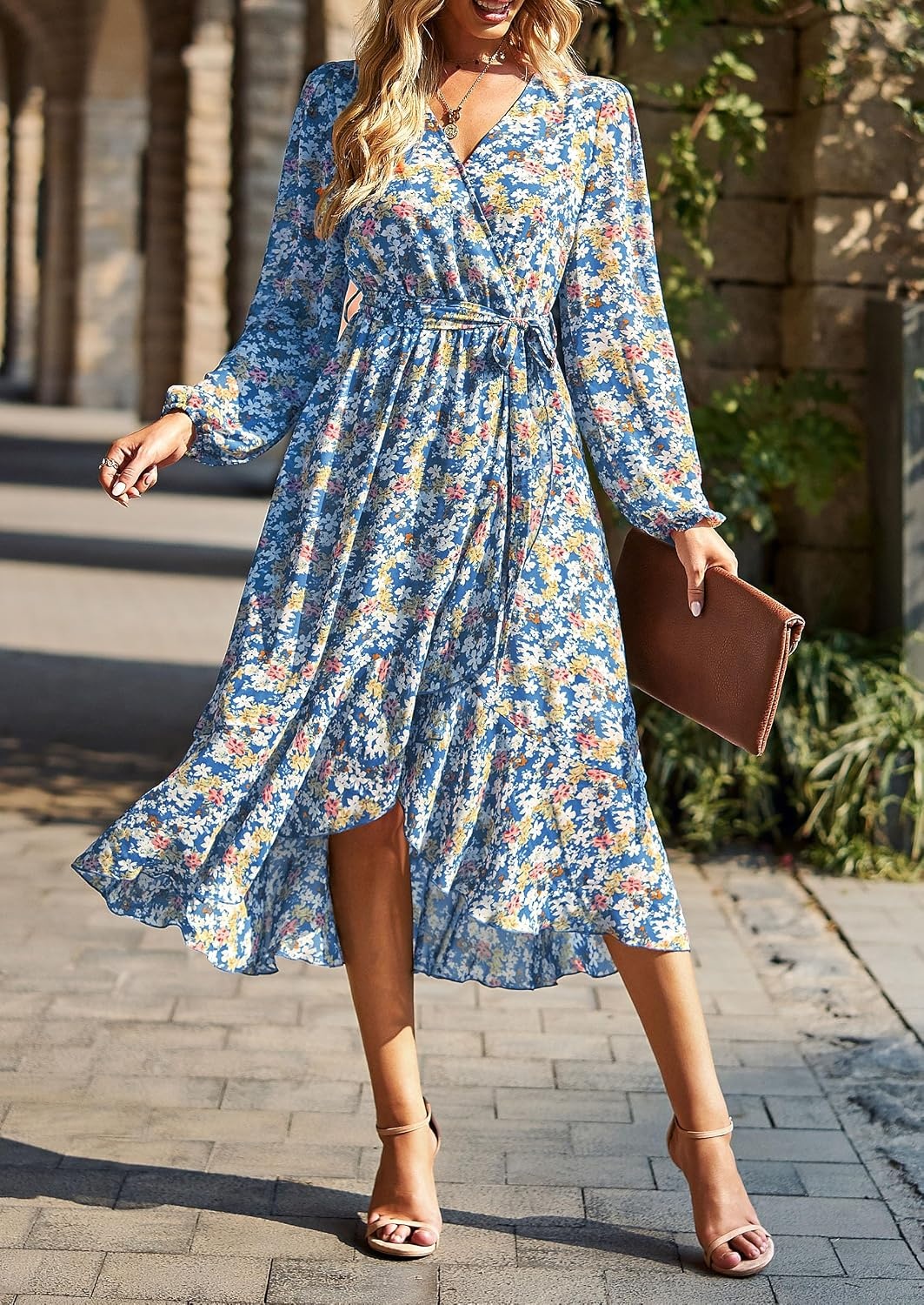 image:imagePRETTYGARDEN Womens Long Sleeve Boho Maxi Fall Floral Wedding Guest DressesFloral Blue