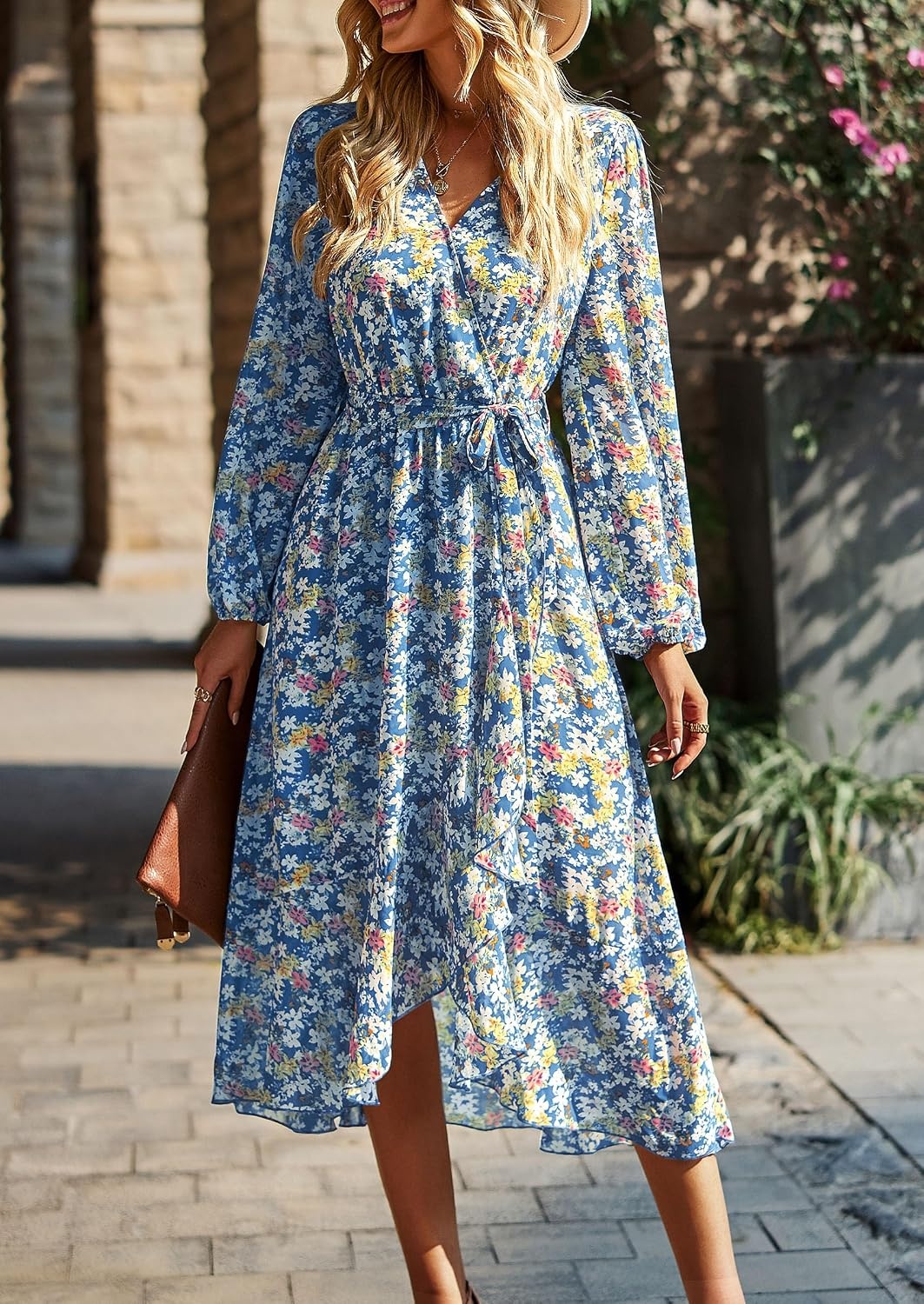 image:imagePRETTYGARDEN Womens Long Sleeve Boho Maxi Fall Floral Wedding Guest DressesFloral Blue
