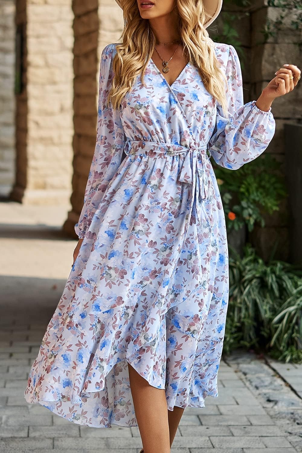 image:imagePRETTYGARDEN Womens Long Sleeve Boho Maxi Fall Floral Wedding Guest DressesFloral Light Blue