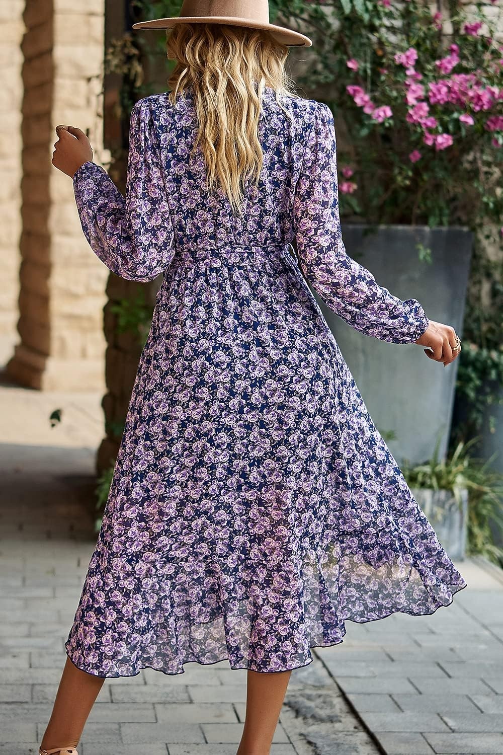 image:imagePRETTYGARDEN Womens Long Sleeve Boho Maxi Fall Floral Wedding Guest DressesFloral Navy