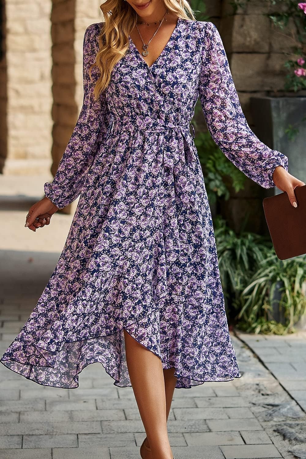 image:imagePRETTYGARDEN Womens Long Sleeve Boho Maxi Fall Floral Wedding Guest DressesFloral Navy