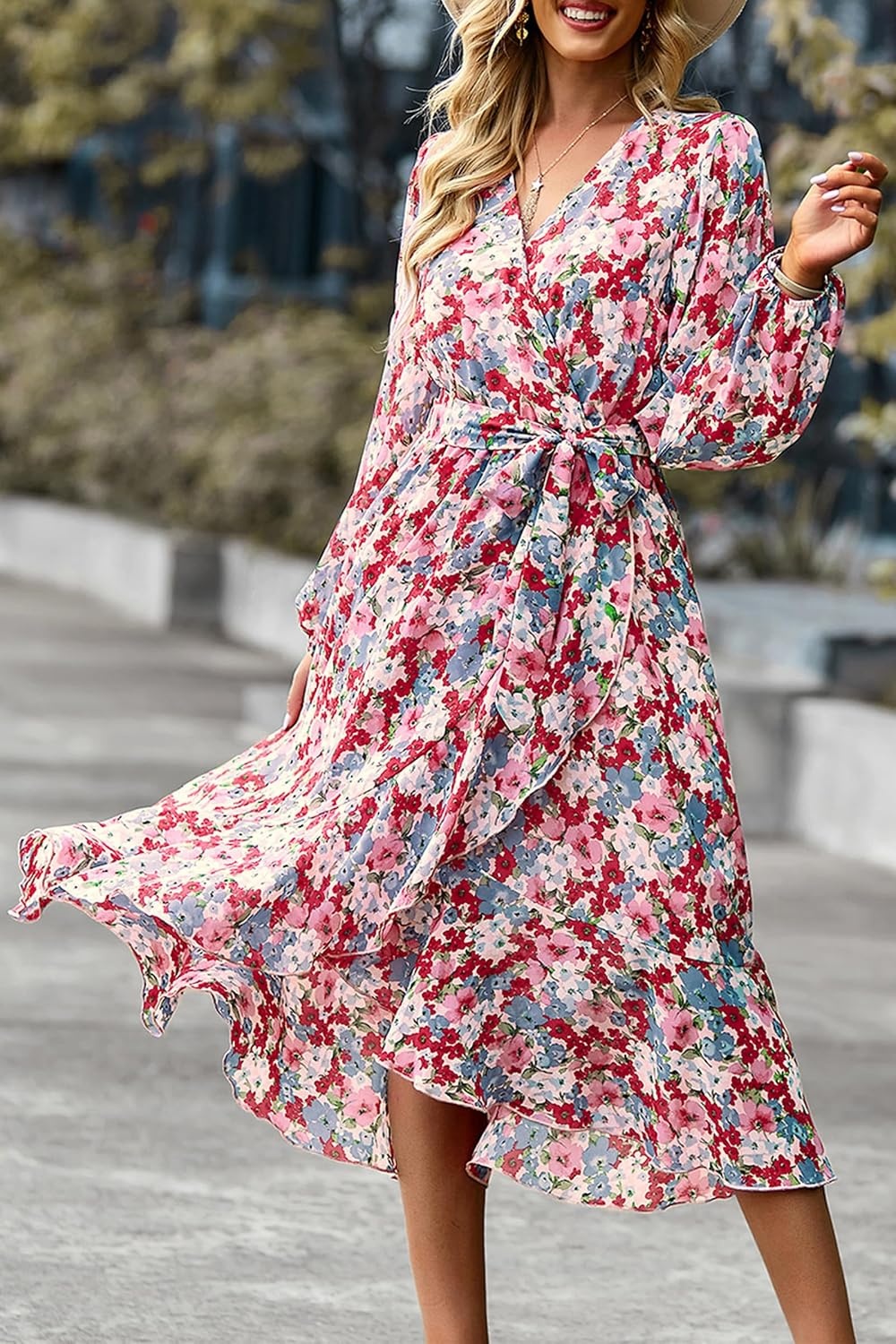 image:imagePRETTYGARDEN Womens Long Sleeve Boho Maxi Fall Floral Wedding Guest DressesFloral Pink