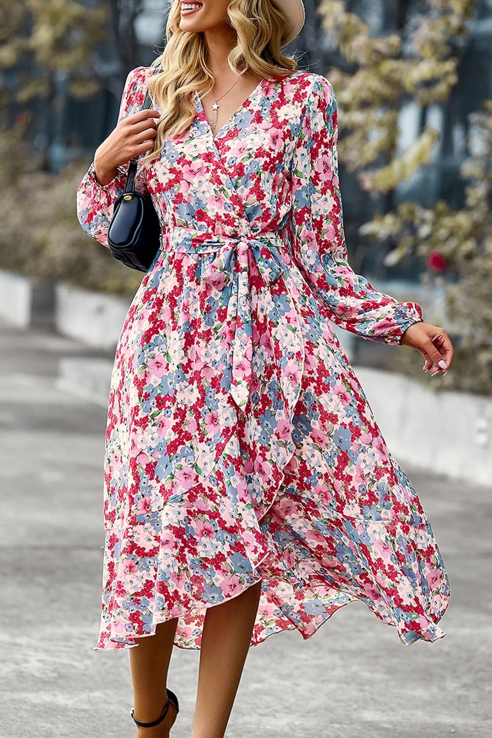 image:imagePRETTYGARDEN Womens Long Sleeve Boho Maxi Fall Floral Wedding Guest DressesFloral Pink