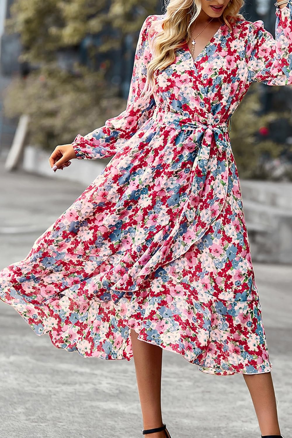 image:imagePRETTYGARDEN Womens Long Sleeve Boho Maxi Fall Floral Wedding Guest DressesFloral Pink