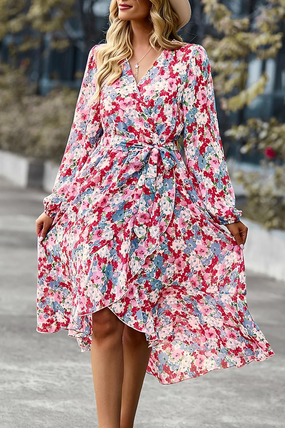 image:imagePRETTYGARDEN Womens Long Sleeve Boho Maxi Fall Floral Wedding Guest DressesFloral Pink