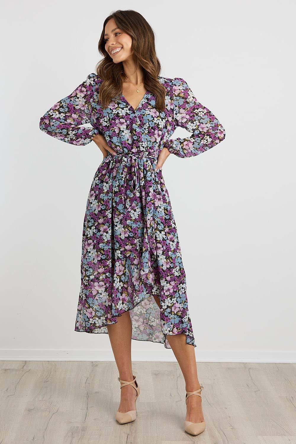 image:imagePRETTYGARDEN Womens Long Sleeve Boho Maxi Fall Floral Wedding Guest DressesFloral Purple