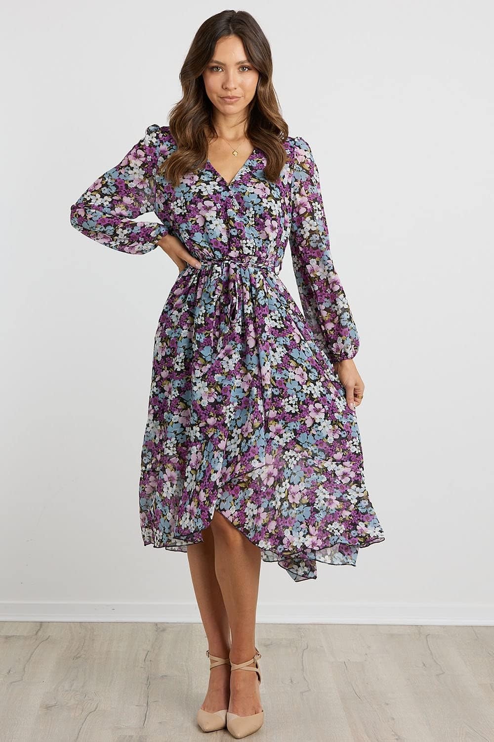 image:imagePRETTYGARDEN Womens Long Sleeve Boho Maxi Fall Floral Wedding Guest DressesFloral Purple