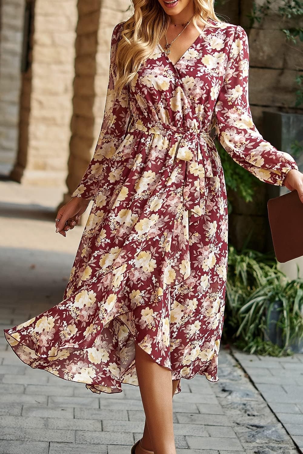 image:imagePRETTYGARDEN Womens Long Sleeve Boho Maxi Fall Floral Wedding Guest DressesFloral Wine Red