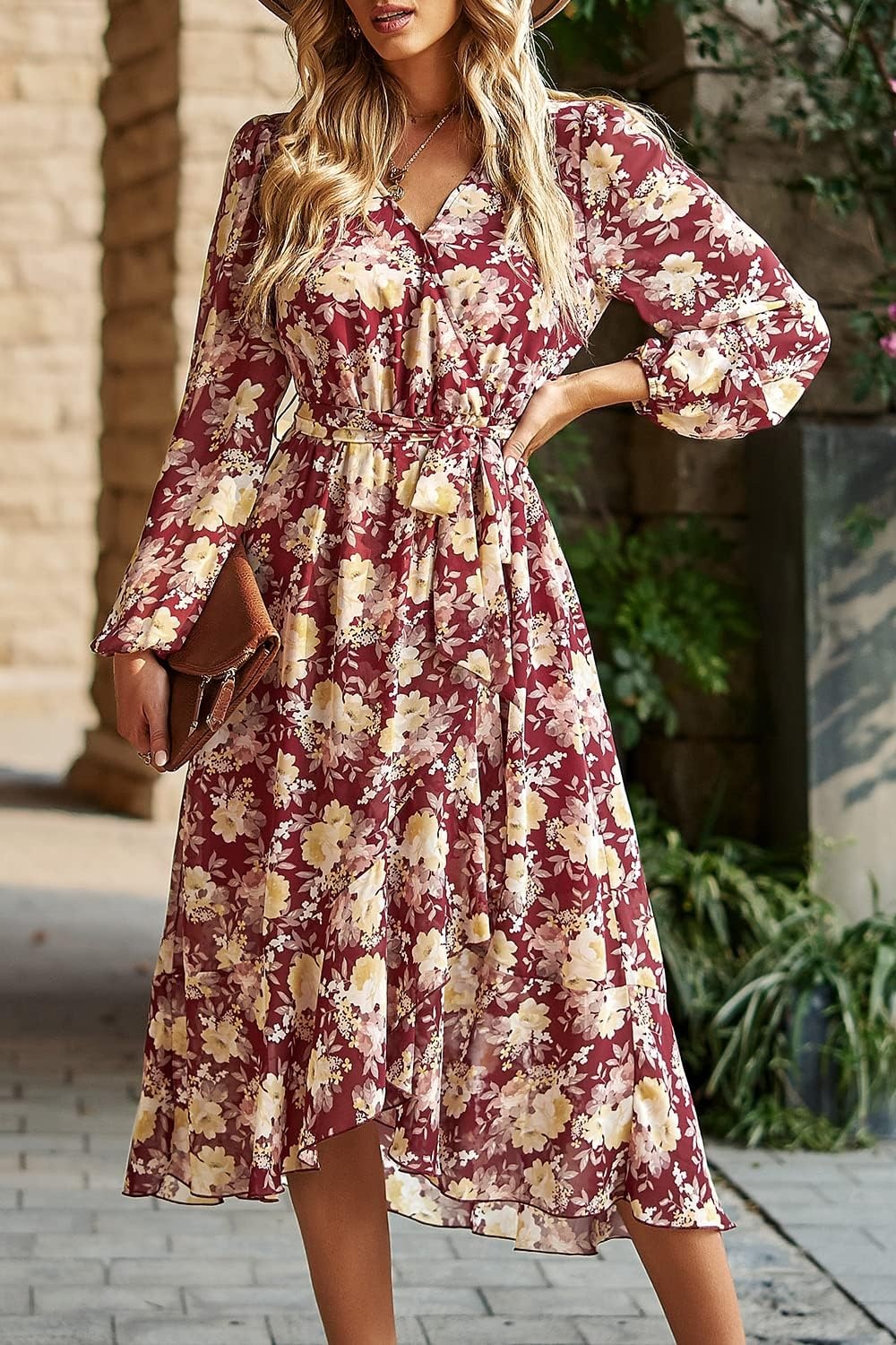 image:imagePRETTYGARDEN Womens Long Sleeve Boho Maxi Fall Floral Wedding Guest DressesFloral Wine Red
