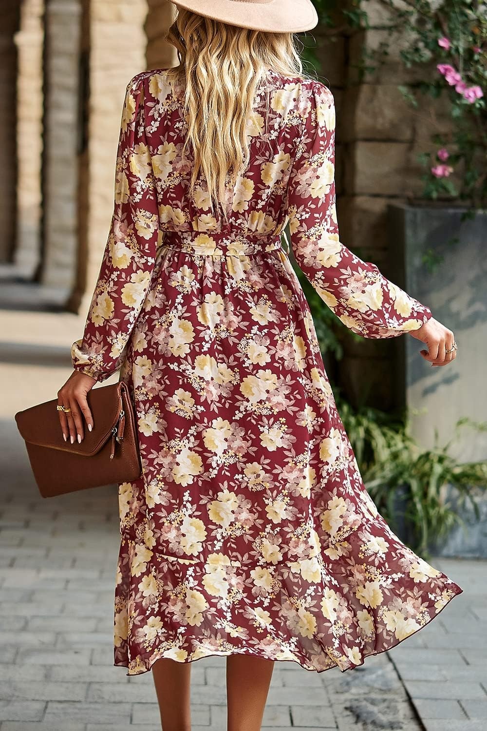 image:imagePRETTYGARDEN Womens Long Sleeve Boho Maxi Fall Floral Wedding Guest DressesFloral Wine Red