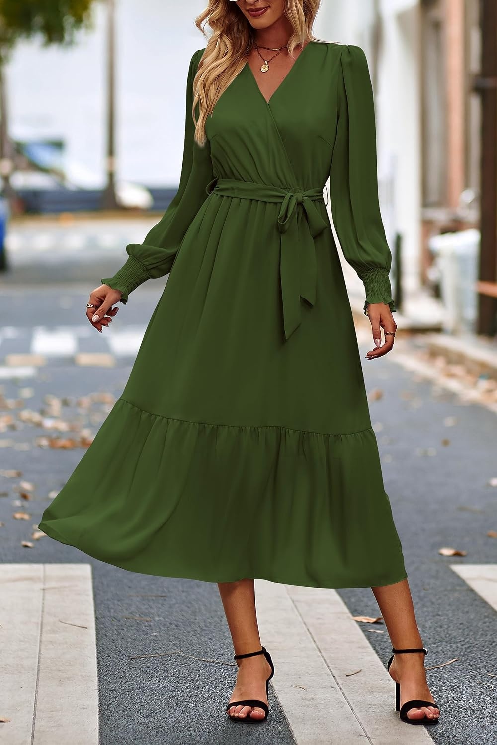 image:imagePRETTYGARDEN Womens Long Sleeve Boho Maxi Fall Floral Wedding Guest DressesSolid Army Green