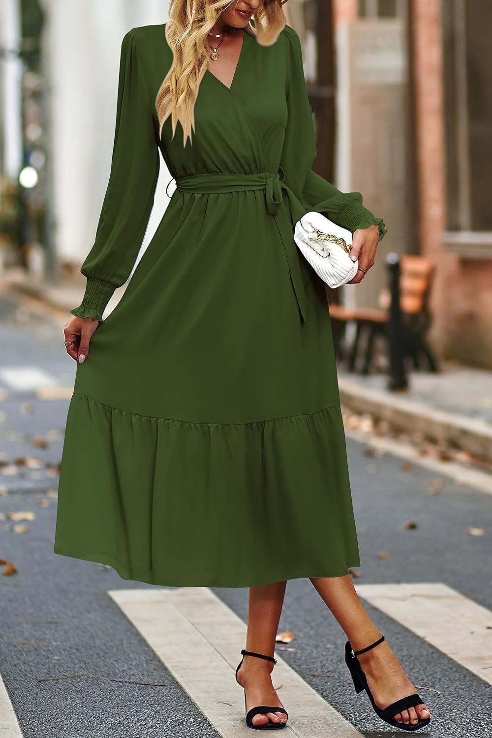 image:imagePRETTYGARDEN Womens Long Sleeve Boho Maxi Fall Floral Wedding Guest DressesSolid Army Green