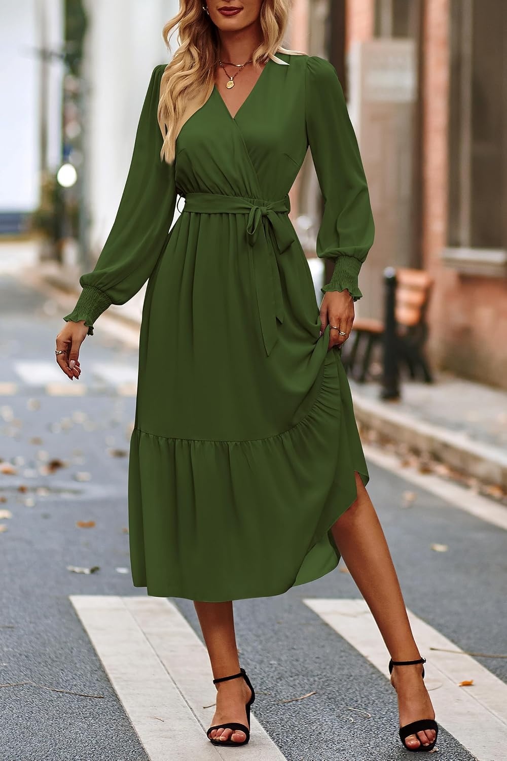 image:imagePRETTYGARDEN Womens Long Sleeve Boho Maxi Fall Floral Wedding Guest DressesSolid Army Green
