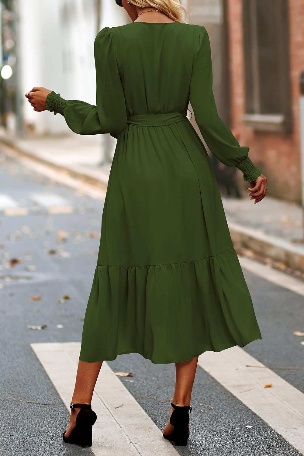 image:imagePRETTYGARDEN Womens Long Sleeve Boho Maxi Fall Floral Wedding Guest DressesSolid Army Green
