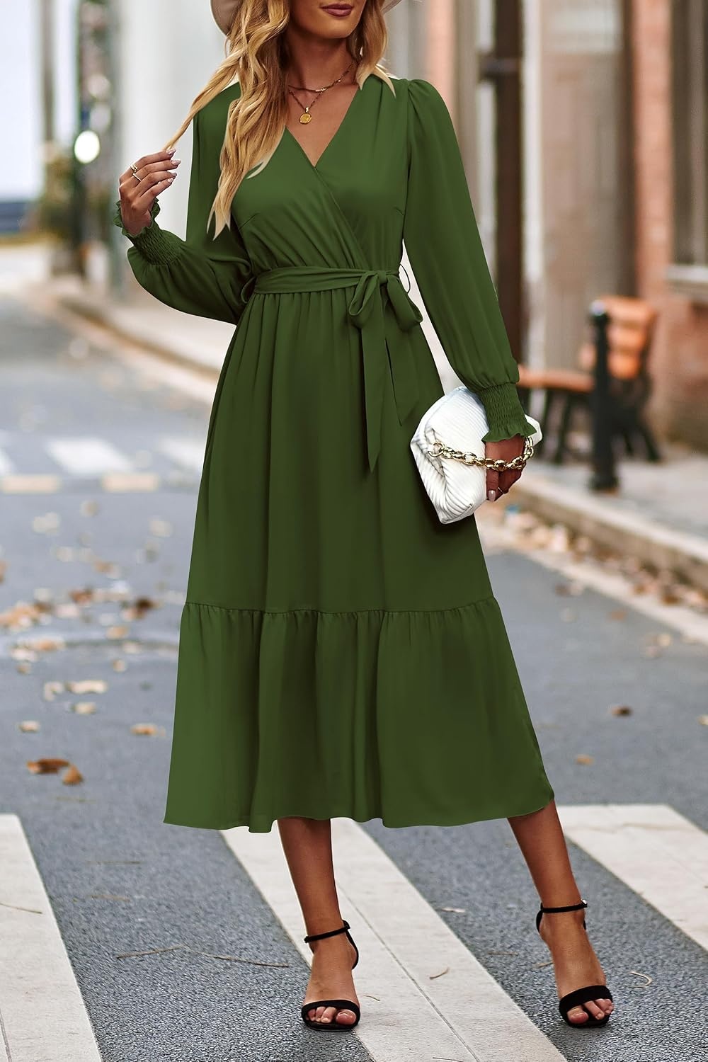 image:imagePRETTYGARDEN Womens Long Sleeve Boho Maxi Fall Floral Wedding Guest DressesSolid Army Green