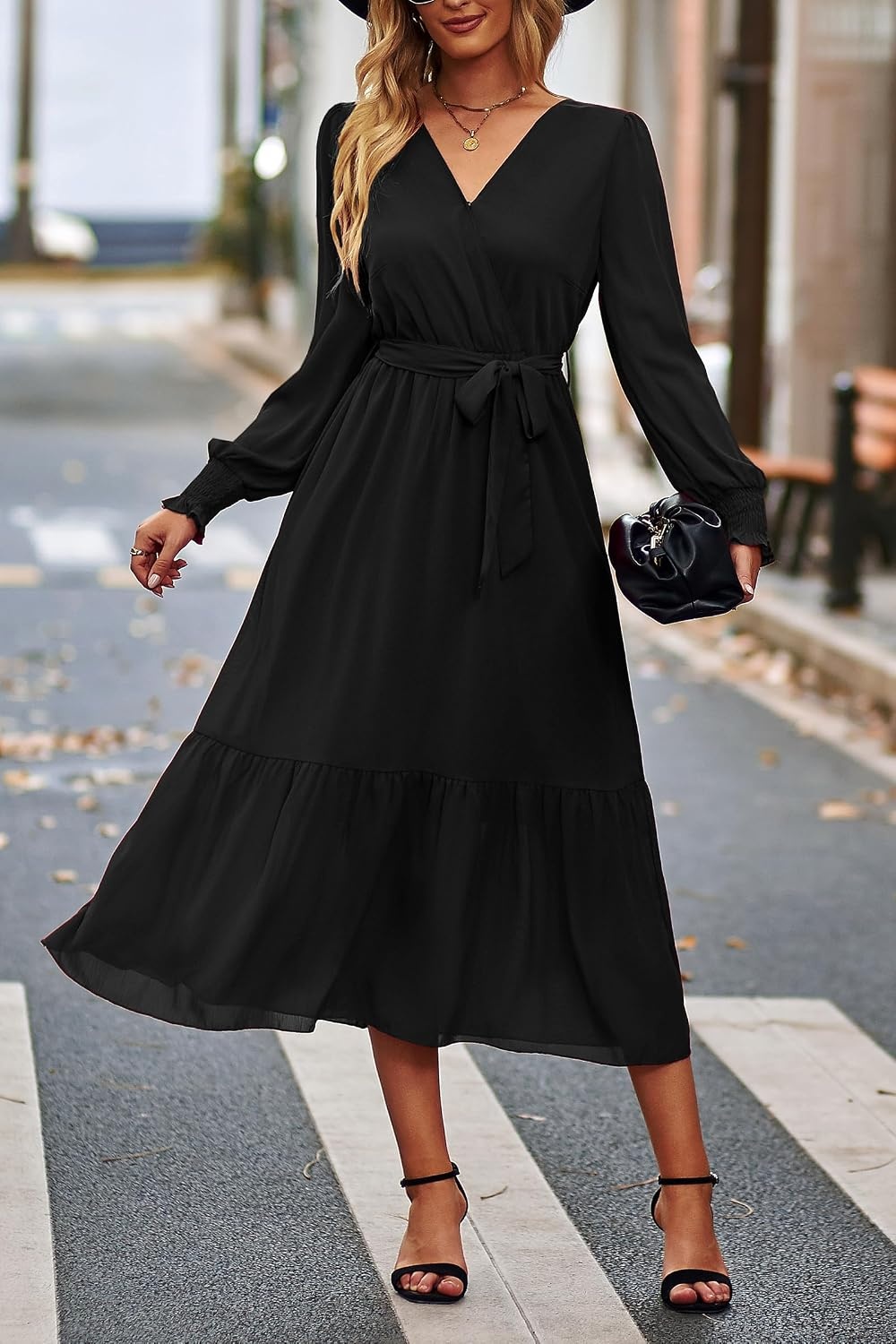 image:imagePRETTYGARDEN Womens Long Sleeve Boho Maxi Fall Floral Wedding Guest DressesSolid Black