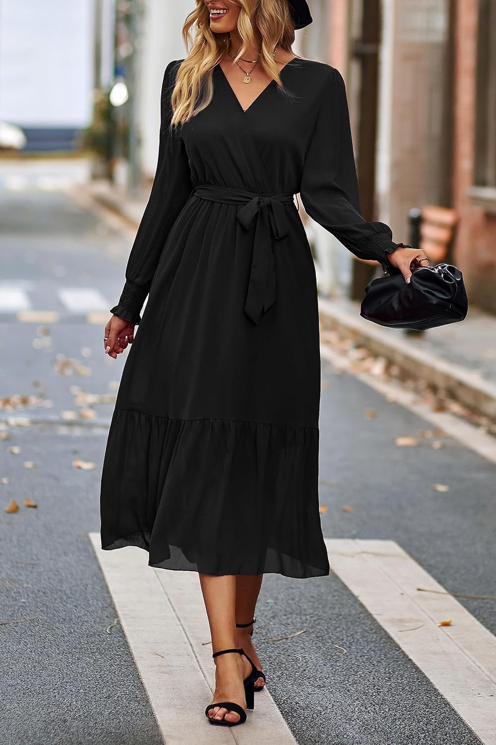 image:imagePRETTYGARDEN Womens Long Sleeve Boho Maxi Fall Floral Wedding Guest DressesSolid Black