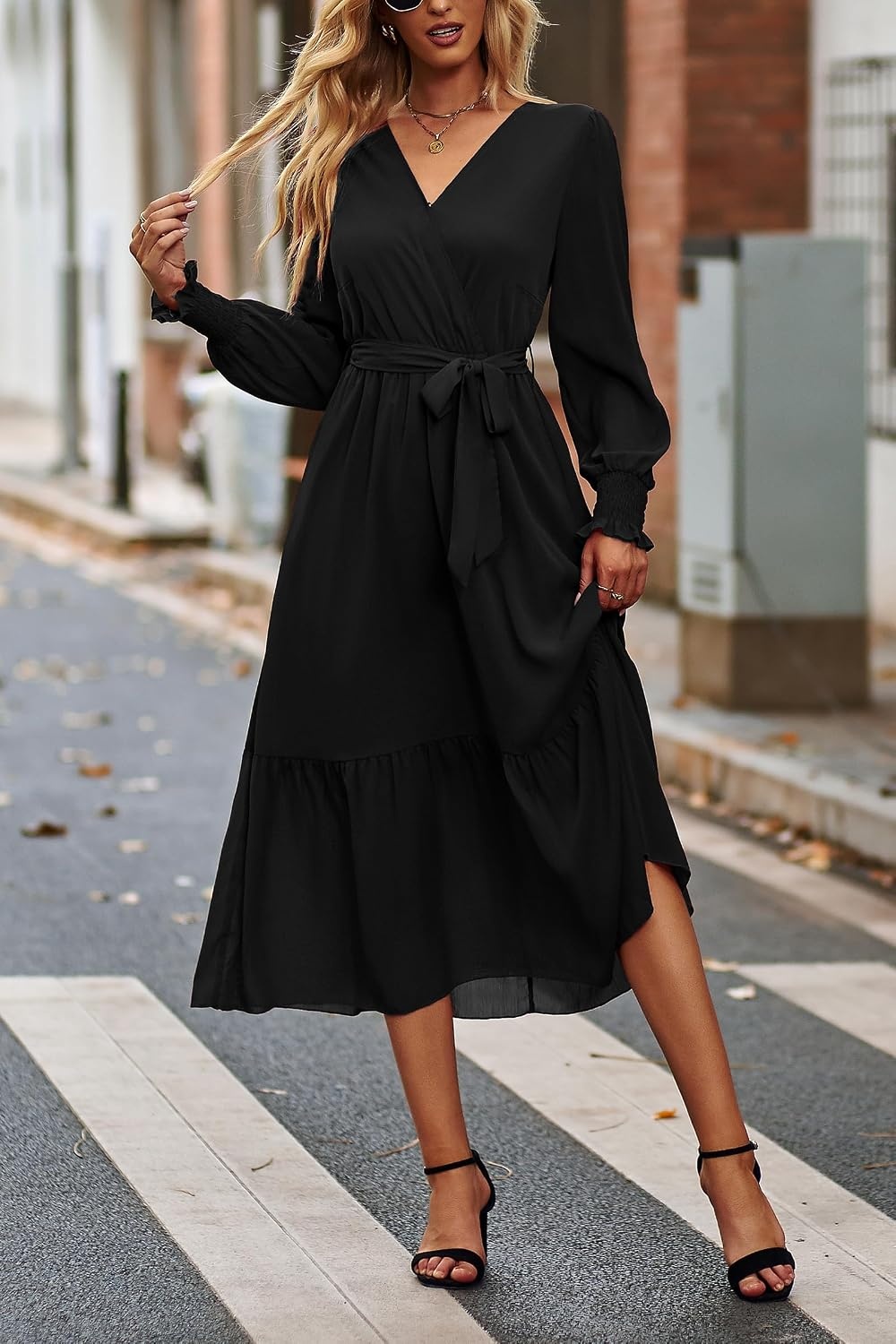 image:imagePRETTYGARDEN Womens Long Sleeve Boho Maxi Fall Floral Wedding Guest DressesSolid Black