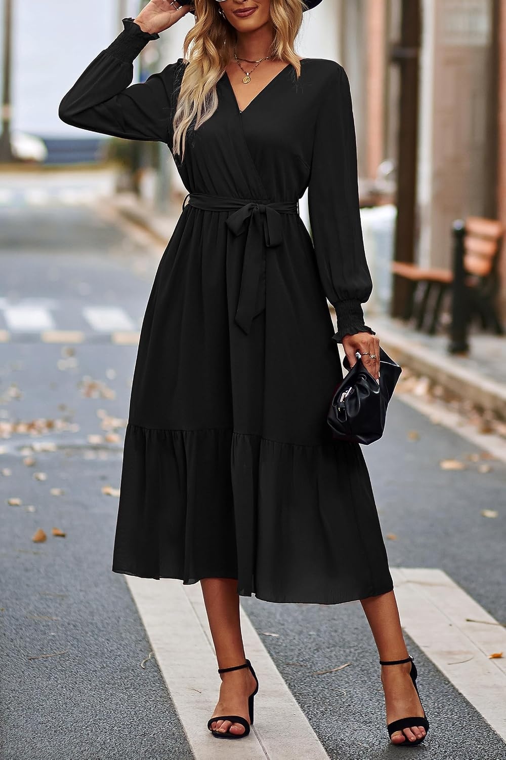 image:imagePRETTYGARDEN Womens Long Sleeve Boho Maxi Fall Floral Wedding Guest DressesSolid Black