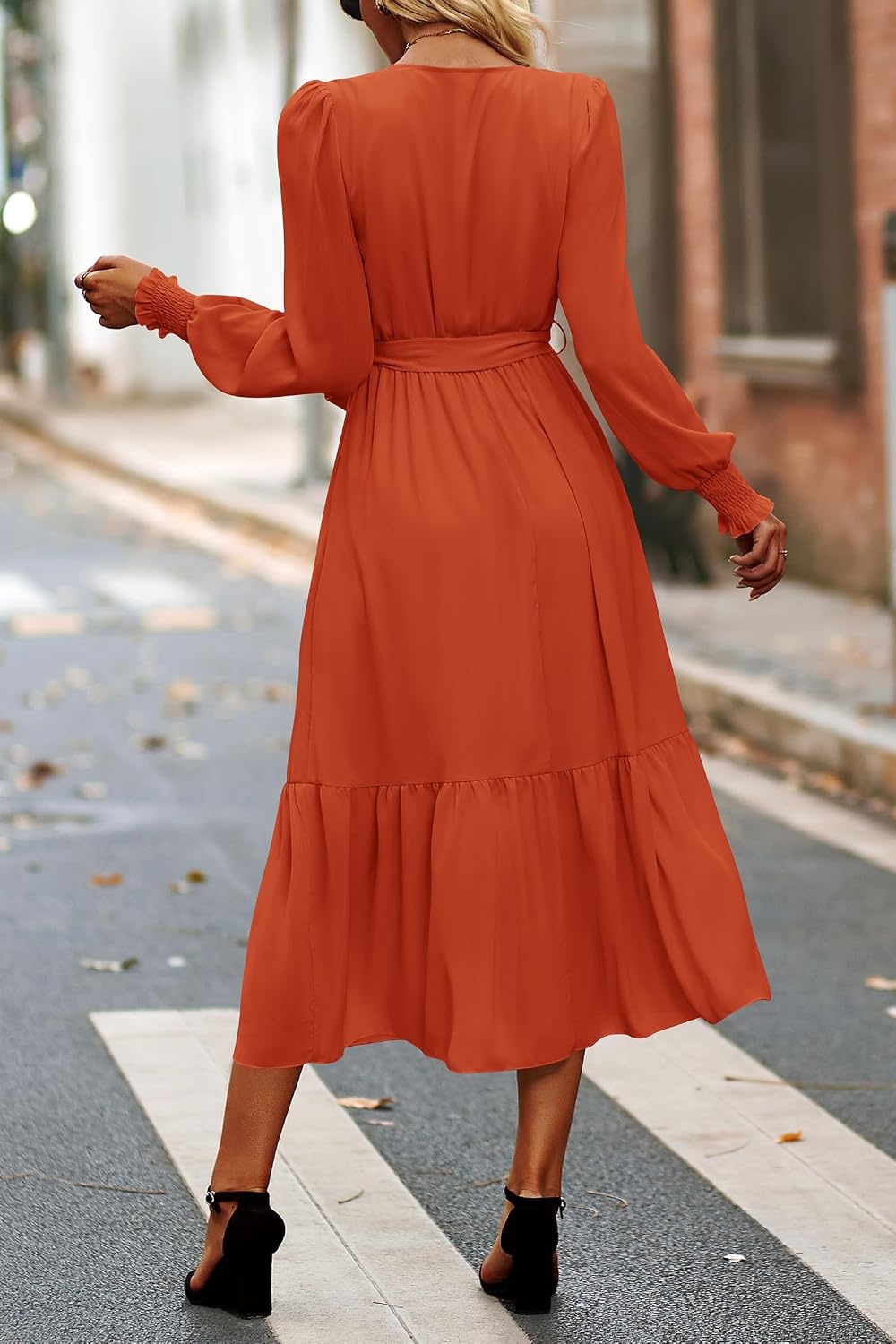 image:imagePRETTYGARDEN Womens Long Sleeve Boho Maxi Fall Floral Wedding Guest DressesSolid Brick Red