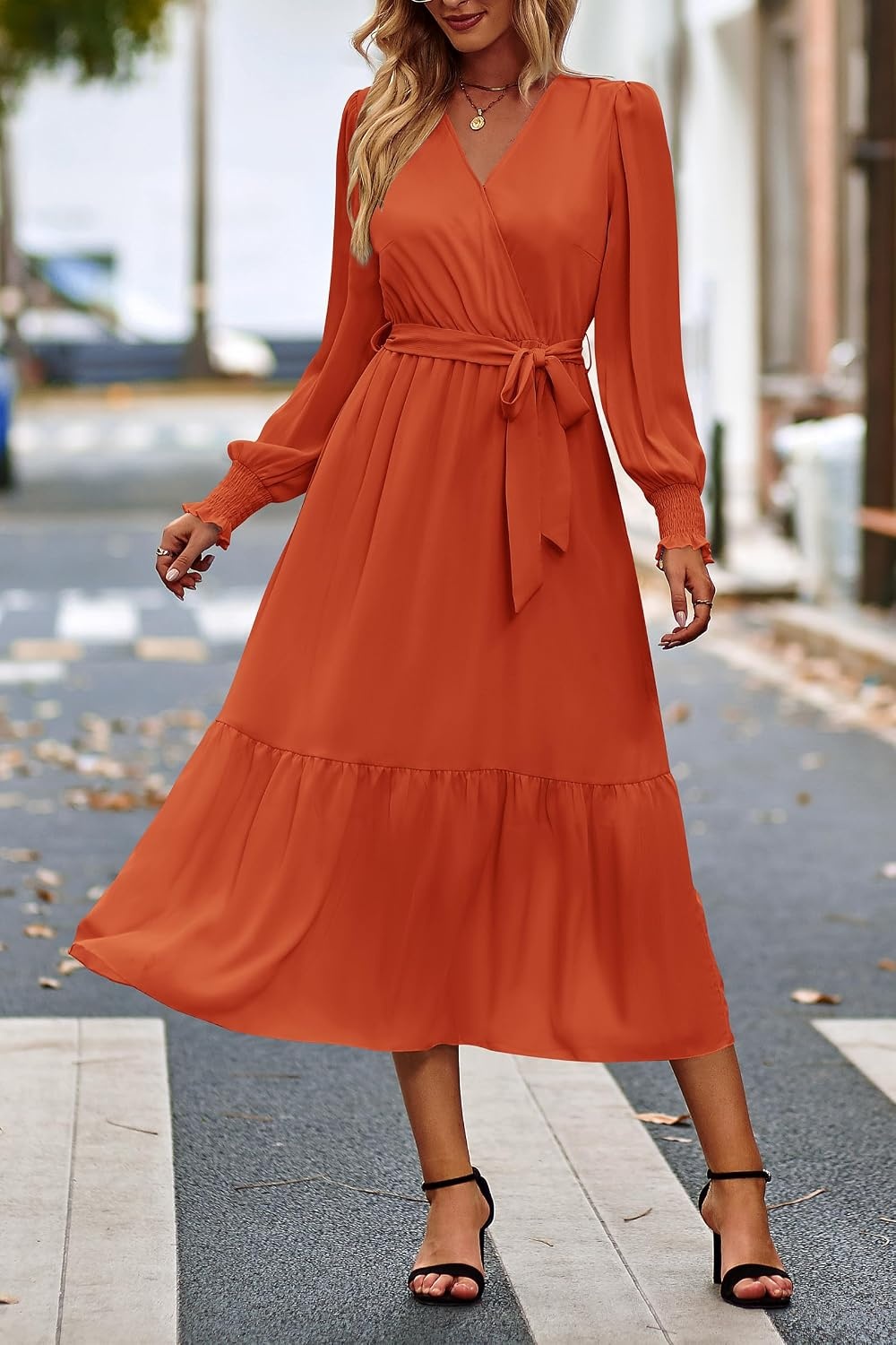 image:imagePRETTYGARDEN Womens Long Sleeve Boho Maxi Fall Floral Wedding Guest DressesSolid Brick Red