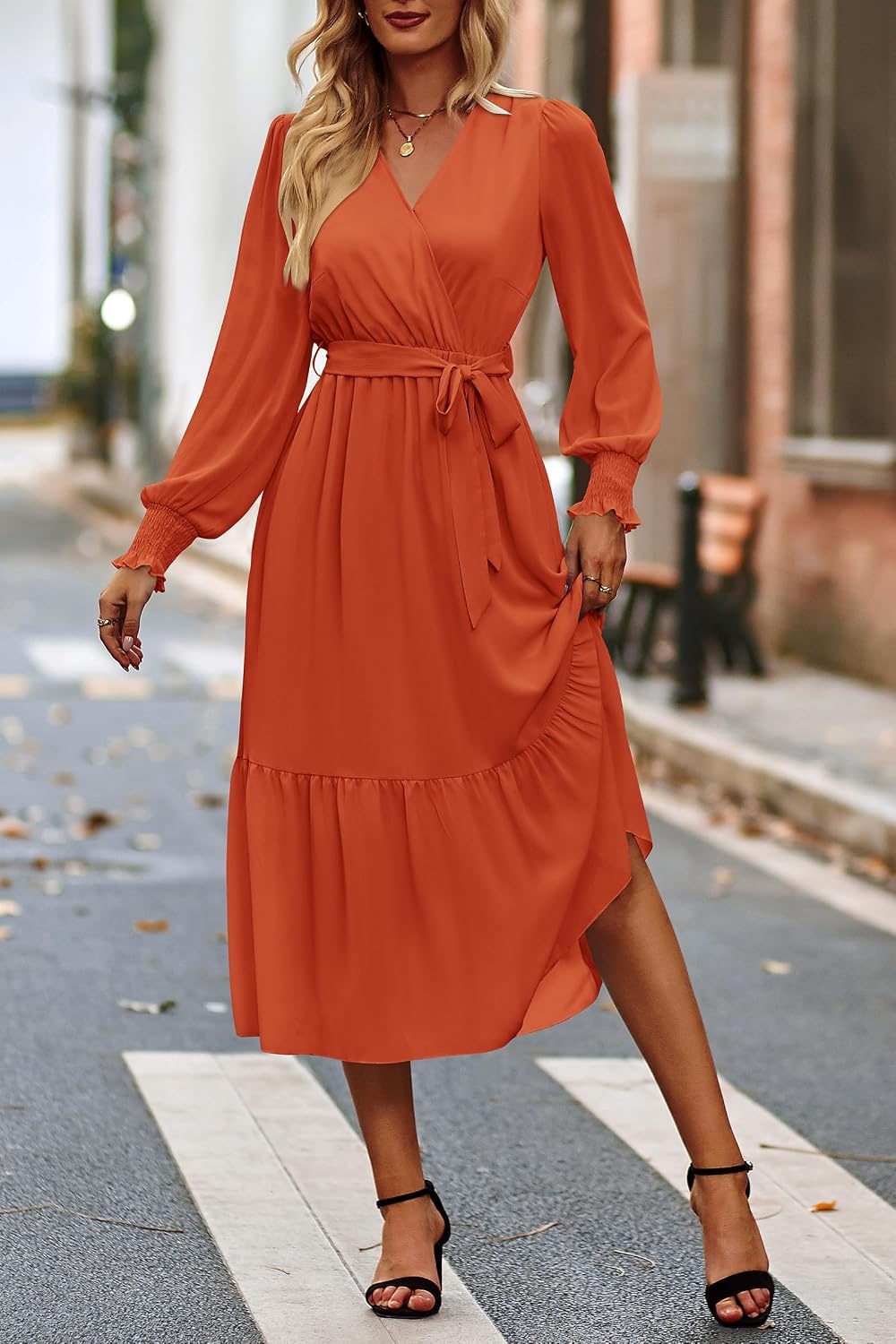 image:imagePRETTYGARDEN Womens Long Sleeve Boho Maxi Fall Floral Wedding Guest DressesSolid Brick Red