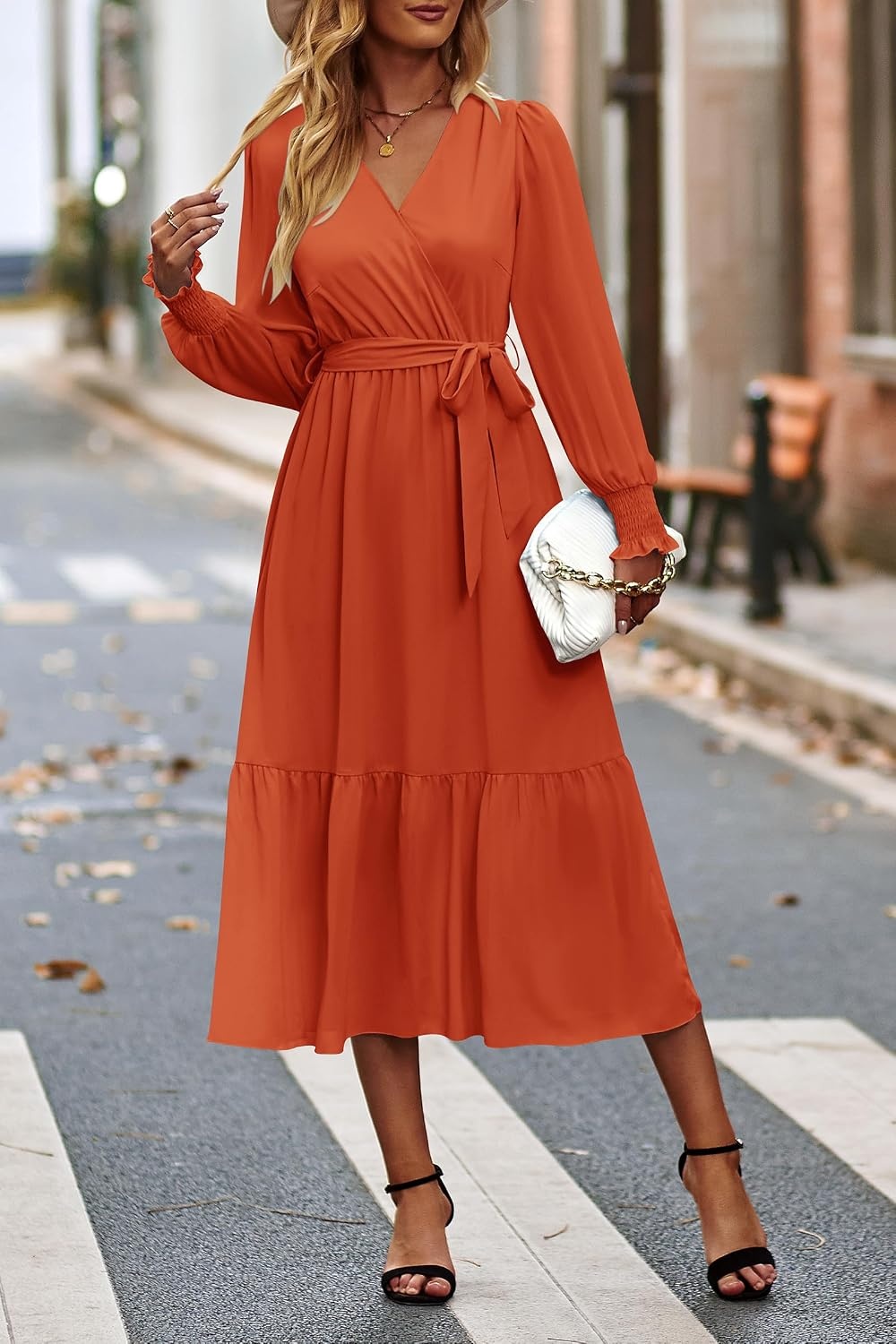 image:imagePRETTYGARDEN Womens Long Sleeve Boho Maxi Fall Floral Wedding Guest DressesSolid Brick Red