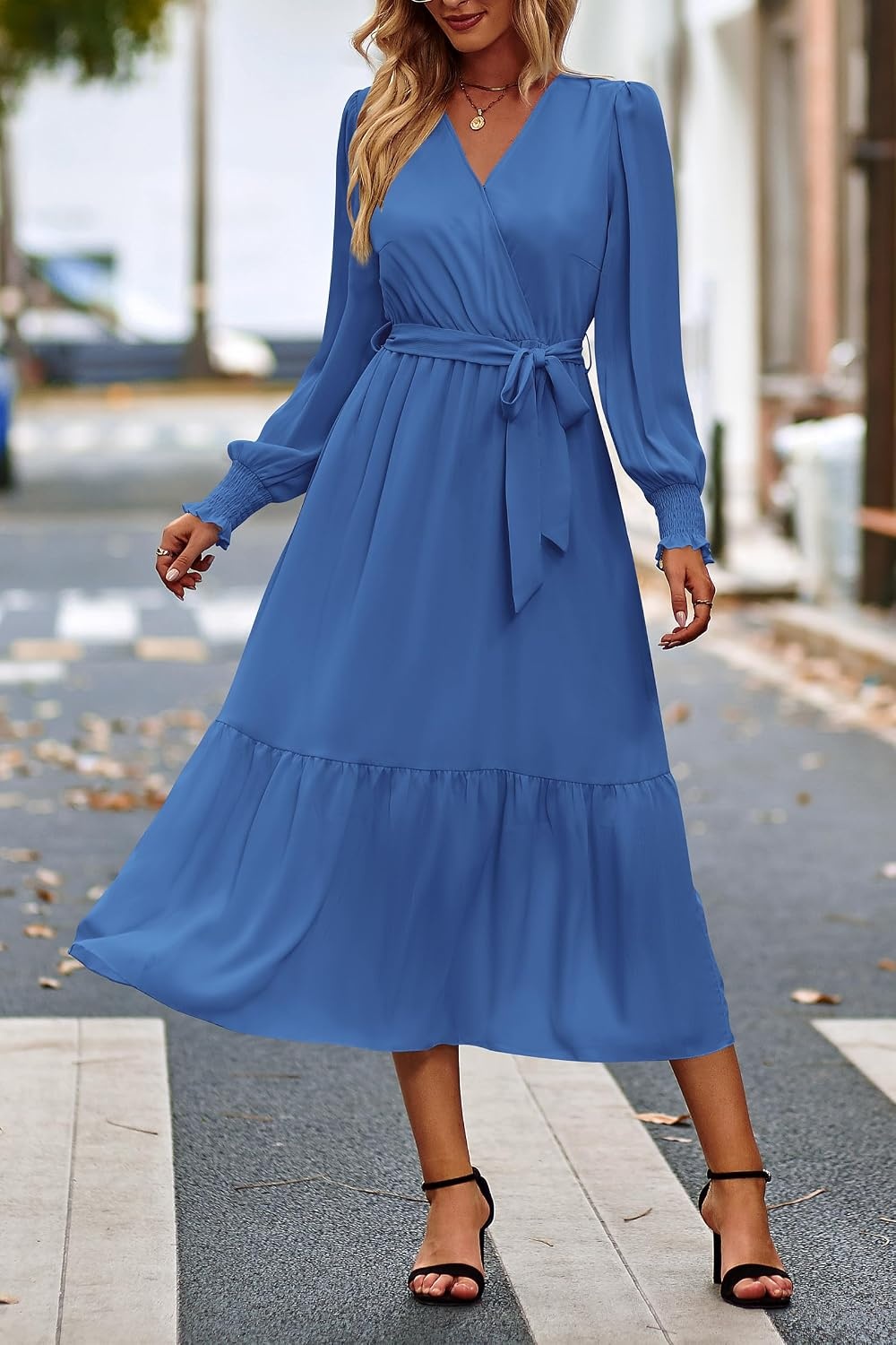 image:imagePRETTYGARDEN Womens Long Sleeve Boho Maxi Fall Floral Wedding Guest DressesSolid Dark Bule