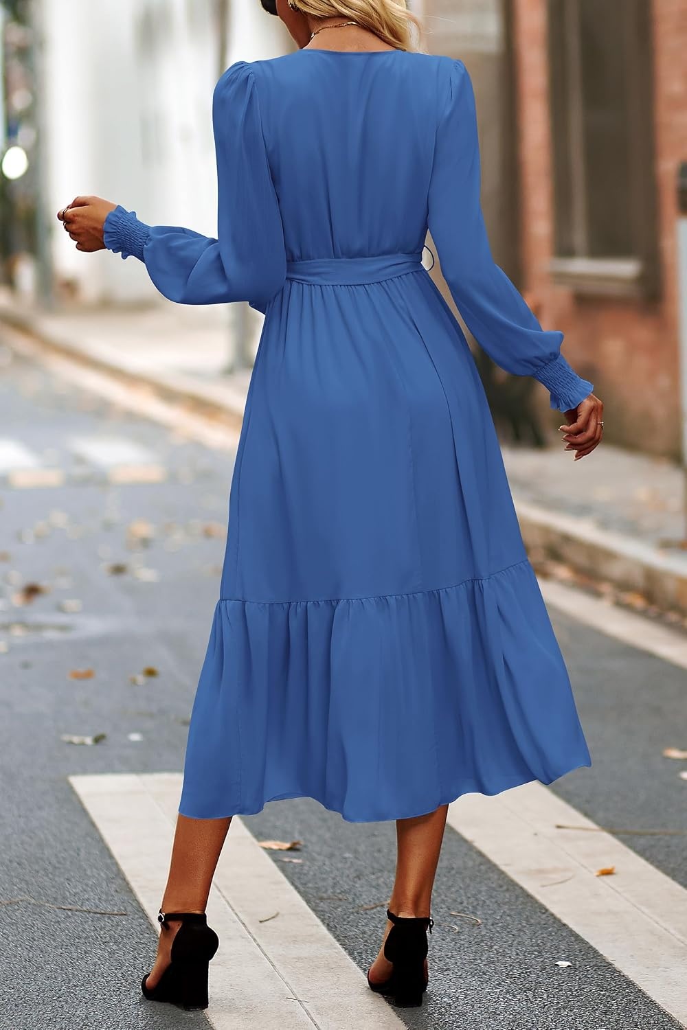 image:imagePRETTYGARDEN Womens Long Sleeve Boho Maxi Fall Floral Wedding Guest DressesSolid Dark Bule
