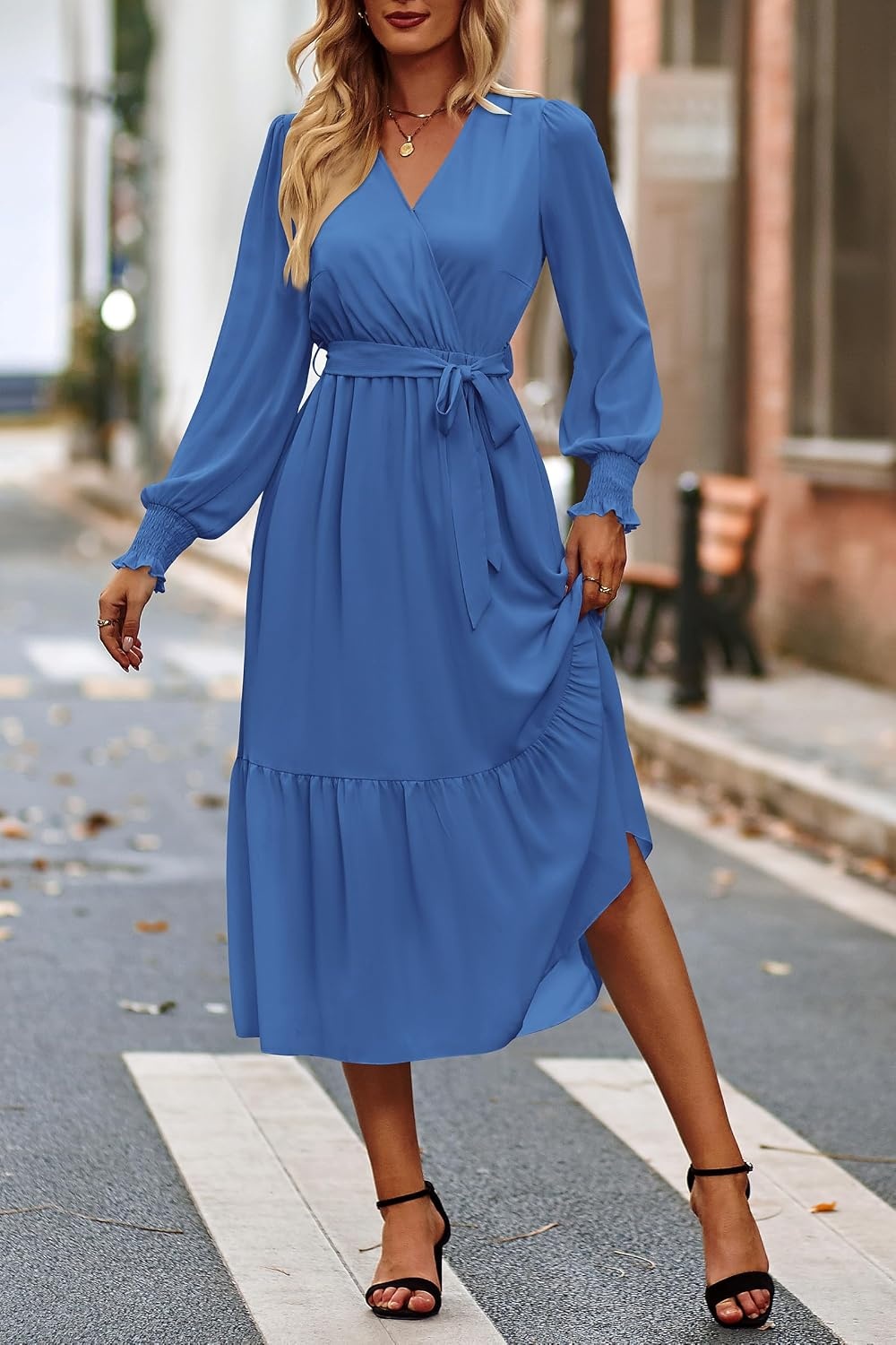 image:imagePRETTYGARDEN Womens Long Sleeve Boho Maxi Fall Floral Wedding Guest DressesSolid Dark Bule