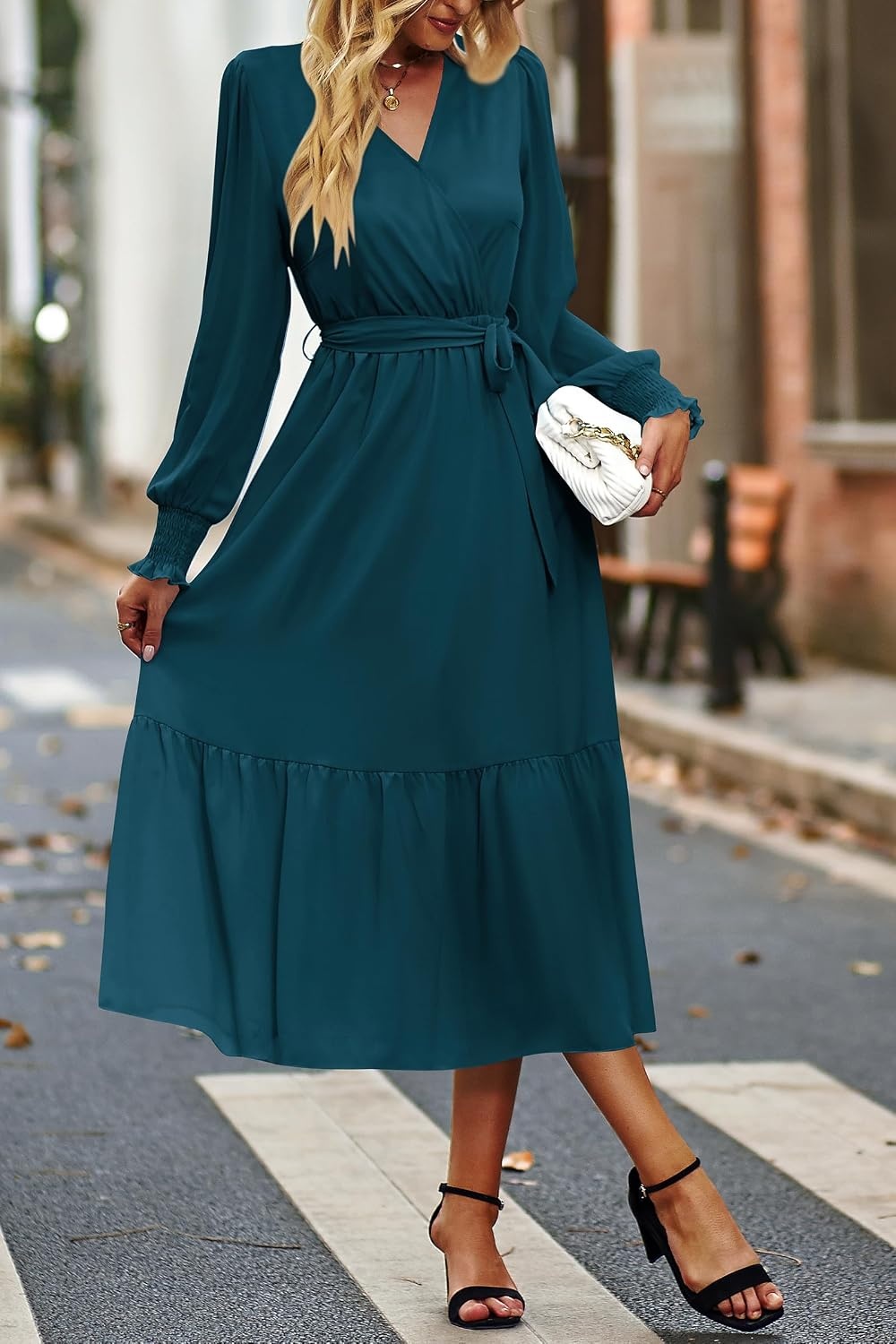 image:imagePRETTYGARDEN Womens Long Sleeve Boho Maxi Fall Floral Wedding Guest DressesSolid Lake Blue