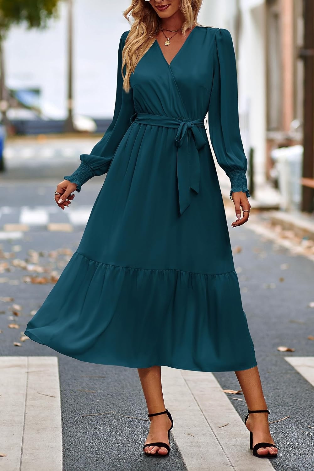 image:imagePRETTYGARDEN Womens Long Sleeve Boho Maxi Fall Floral Wedding Guest DressesSolid Lake Blue